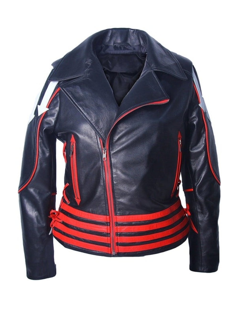 Women's Navy Leather Biker Jacket with Red Trim Accents